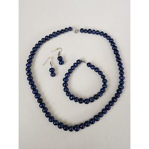 Vtg TENG YUE Navy Pearl Necklace, Bracelet & Earring Set Beautiful FREE $HIPPING